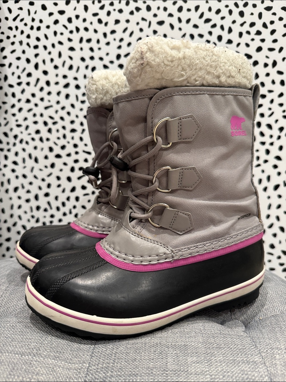 Sorel Kids Nylon Yoot PAC Waterproof  Grey Pink Winter Sherpa Duck Boots Size 3